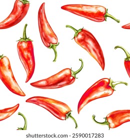 Hot spicy red chili pepper seamless pattern. Organic spices for mexican or asian dishes. Chilli paper red green spicy hot taste and flavor symbol. Food organic seamless pattern design. Vector print.