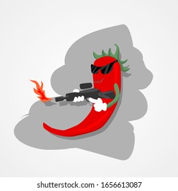 Hot spicy red pepper with fire gun simple flat style vector illustration.