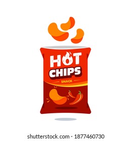 chiringuito picante caliente bolso de embalaje plástico icono de ilustración de diseño para el negocio de alimentos y bebidas, elemento de marca de tentempiés de papa vector de logotipo. 