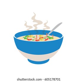 hot spicy soup with vegetable and prawn in chinese bowl and smoke effect on white background, vector illustration