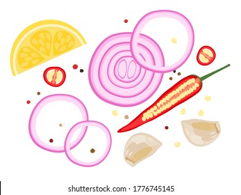 hot and spicy theme herb flat design top view illustration of chili, lemon, garlic,red onion, pepper.