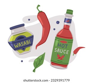 Hot and Spicy Wasabi and Chili Sauce in Bottle Vector Composition