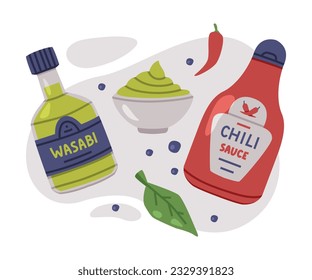 Hot and Spicy Wasabi and Chili Sauce in Bottle Vector Composition