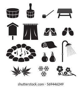 Hot Spring Objects Icons Set, Monochrome, Bath, Onsen, Japanese, Culture, Healthy, Season, Body