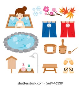 Hot Spring Objects Icons Set, Bath, Onsen, Japanese, Culture, Healthy, Season, Body