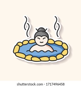 Hot spring patch. Man soak in japanese onsen. Spa resort for recreation. Volcanic pool for resting. Outdoor geothermal resort. RGB color printable sticker. Vector isolated illustration