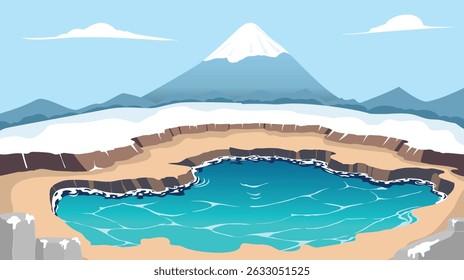 hot spring pool in the middle of peaceful snowy nature, background illustration with nature concept