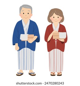 Hot spring trip_vector illustration of a senior couple in yukata