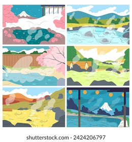 Hot springs nature. Ryokan national japan hot-spring scenery background, onsen bath hot steam pool, winter spring tourist season in fuji mountain warm pond spa vector illustration