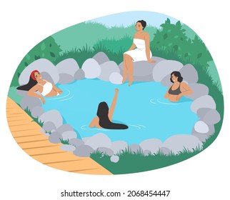 Hot springs pool. People enjoying thermal spa water, flat vector illustration. Happy young women taking outdoor bath. Onsen, japanese natural hot springs resort. Relax, recreation.