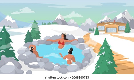 Hot springs pool. People enjoying thermal spa water in winter, flat vector illustration. Mountain onsen, japanese natural hot springs resort. Relax, recreation.