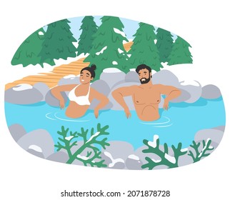 Hot springs pool. People enjoying thermal spa water, flat vector illustration. Happy couple taking outdoor bath. Onsen, japanese natural hot springs resort. Relax, recreation.