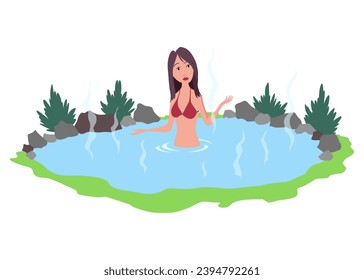 Hot springs pool. People enjoying thermal spa water in winter, flat vector illustration. Mountain onsen, japanese natural hot springs resort. Relax, recreation