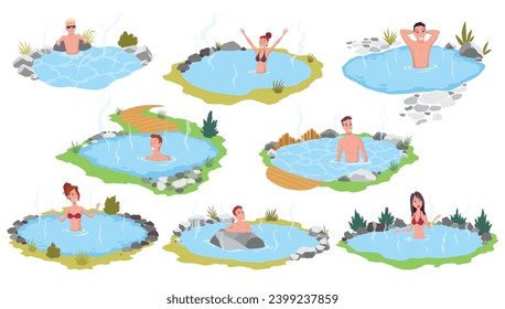 Hot springs pool. People enjoying thermal spa water in winter, flat vector illustration. Mountain onsen, japanese natural hot springs resort. Relax, recreation