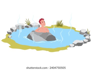 Hot springs pool. People enjoying thermal spa water in winter, flat vector illustration. Mountain onsen, japanese natural hot springs resort. Relax, recreation