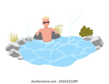 Hot springs pool. People enjoying thermal spa water in winter, flat vector illustration. Mountain onsen, japanese natural hot springs resort. Relax, recreation