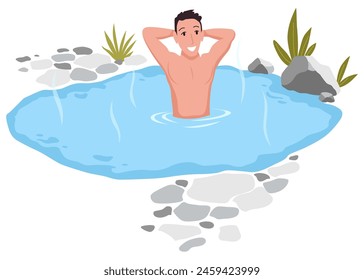 Hot springs pool. People enjoying thermal spa water in winter, flat vector illustration. Mountain onsen, japanese natural hot springs resort. Relax, recreation