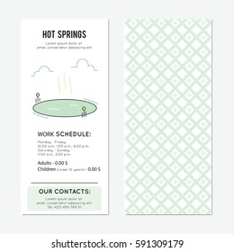 Hot springs. Thermal lake vector vertical banner template. The tour announcement. For travel agency products, tour brochure, excursion banner. Simple mono linear modern design.