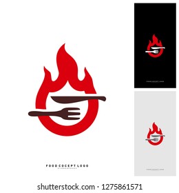 Hot Steak Logo Vector with Flame, Fork, and knife shape. Food Fire Logo Template - Vector