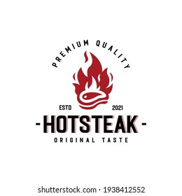 Hot Steak Resto Logo. Creative food logo combination in vintage or retro style featuring a steak and fire. Modern and classic logo combination.