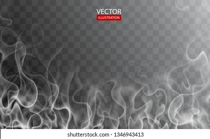 Hot steam over cup on dark or transparent background. White cigarette smoke wave. Set of fume on water, tea, food, coffee, ice. Vapor, mist, cloud, gas, fog vector illustration. Hazy fragrance on ice.