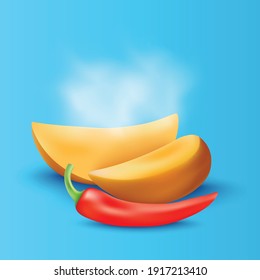 Hot steaming baked or fried potato wedges with red pepper, realistic vector illustration isolated on blue background. Template or mockup of fast food potato wedges.