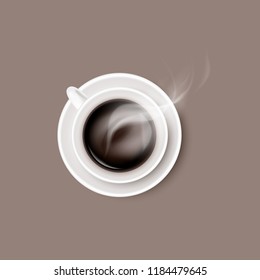 A hot steaming coffee beverage in white ceramic cup or mug on round saucer. Vector realistic object on cream color background