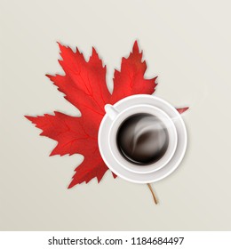 Hot steaming coffee in a white ceramic cup on a saucer and red maple leaf. Autumn background. 3D Editable vector illustration EPS 10