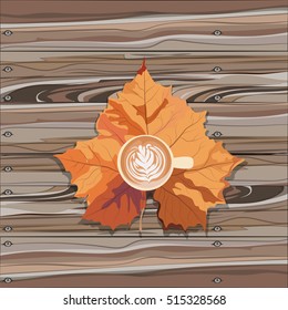 Hot steaming cup of coffee and autumn leaf on wooden table. Seasonal, still life and morning coffee concept. Vector illustration