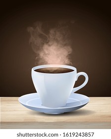 Hot steaming cup of espresso coffee in a generic white cup and saucer on a wooden table over a dark brown background, colored vector illustration