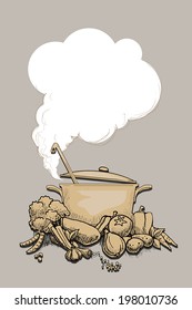 Hot steaming pot, surrounded by healthy organic vegetables, vector illustration