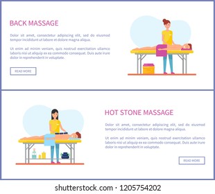 Hot stone and back medical massage session cartoon vector web pages set. Woman masseur in uniform massaging patient lying on table covered by towel