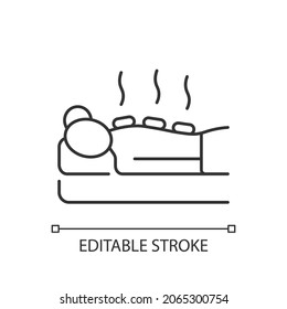 Hot stone massage linear icon. Relaxing body muscles. Apply heated stones. Therapeutic technique. Thin line customizable illustration. Contour symbol. Vector isolated outline drawing. Editable stroke