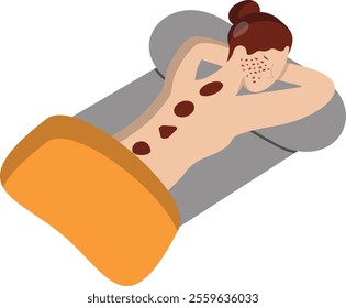 Hot stone massage therapy isometric concept, spa therapist logo vector icon design, beauty personal care symbol, cosmetic dermatology sign, body aesthetics stock illustration