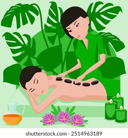 Hot Stone Massage. Therapy and treatment by professional therapist in SPA. Isolated flat vector illustration. Asian ethnicity.