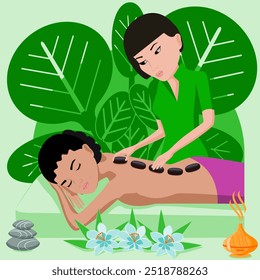 Massagem de pedra quente. Terapia e tratamento por terapeuta profissional em SPA. Ilustração isolada de vetor plano. Asiática e indiana.