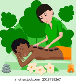 Massagem de pedra quente. Terapia e tratamento por terapeuta profissional em SPA. Ilustração isolada de vetor plano. Asiática e africana.