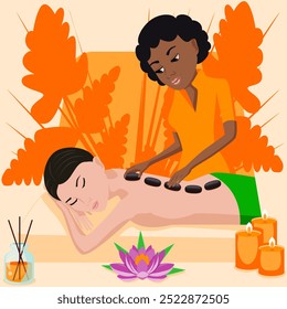 Hot Stone Massage. Therapy and treatment by professional therapist in SPA. Isolated flat vector illustration. African and Asian ethnicity.