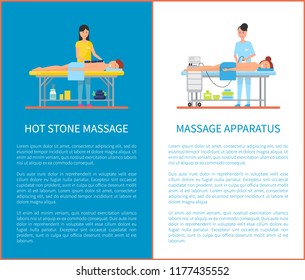 Hot stone therapy technique and apparatus massage equipment. Posters set with text sample, expert woman masseuse and people on table relaxing vector