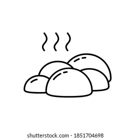 Piedras calientes o carbón. Icono lineal de piedras de masaje para el tratamiento de spa. Simple ilustración negra de medicina alternativa, elemento de calefacción en sauna. Contorno pictograma vectorial aislado sobre fondo blanco