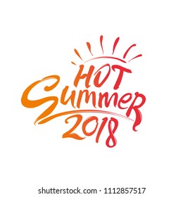 Hot Summer 2018 and sun rays. Seasonal logo art inscription. Vector lettering template. 
