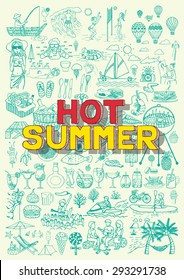 Hot summer activities doodles like fishing, beach valley ball, BBQ party, hot air balloon fiesta ,diving,cycling,music festival,surfing and etc.