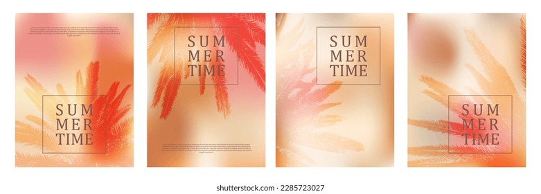 Hot summer banners with palm tree leaves backgrounds. Summertime poster templates in beige pink sand color palette. Summer palm tree branches and leaves backdrops vector cards