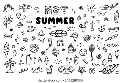 Hot summer, beach doodles set. Vector collection of hand drawn elements: ice cream, cocktails, food, drinks, flowers, swimwear and others.