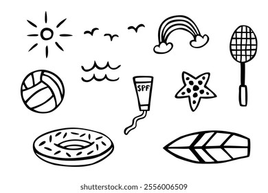 Hot summer, beach doodles set. Vector collection of hand drawn elements: swimming ring, spf cream, volleyball, surf, starfish, sun, rainbow, racket and others.