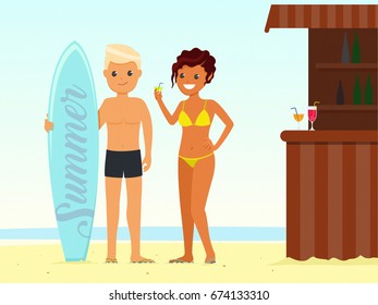 Hot Summer Beach with Ocean Background. Boy with Surfing Board and Tanned Bikini Girl with Lemonade beside Juice Canteen