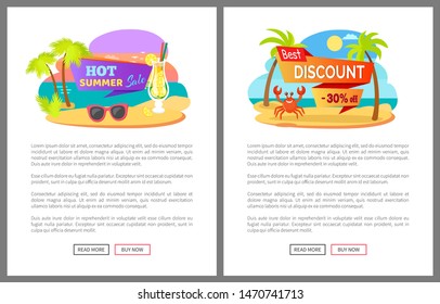 Hot summer big best sale and discount 30% off posters. Tropical beach, palm trees, smiling crab and cocktail, summertime webpage, shopping online vector. Flat cartoon