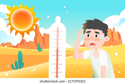 Too Hot In Summer Character Heat Stroke, High Temperature Warning, Hot Summer Day, Vector Illustration