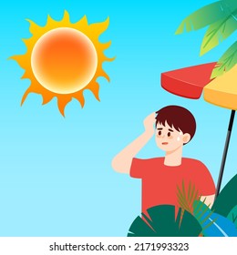 Demasiado caliente en el verano de la carrera de calor del personaje, advertencia de alta temperatura, día de verano caliente, ilustración vectorial