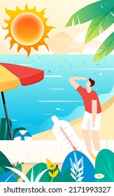 Too Hot In Summer Character Heat Stroke, High Temperature Warning, Hot Summer Day, Vector Illustration